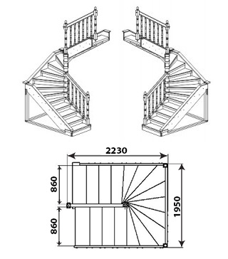Двухмаршевая лестница с поворотом на 180 градусов чертеж